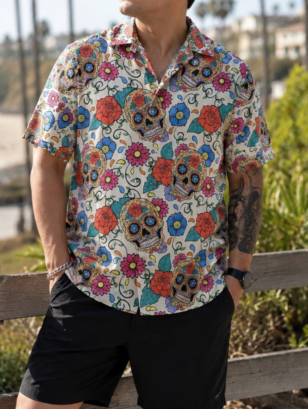 Hawaiian Pullin Cream Multi Skull & Floral Button-Down Shirt Men's Short Sleeve